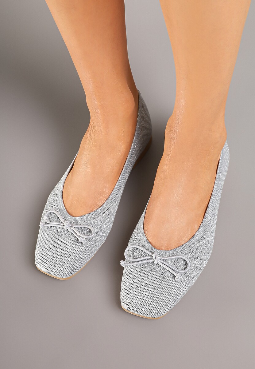 Srebrne Plecione Balerinki na Płaskiej Podeszwie z Kokardą Felarine