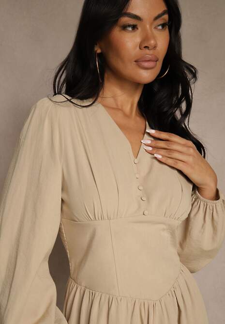 Beżowa Gorsetowa Sukienka z Wiskozą z Guzikami i Bufiastymi Rękawami Ahlite