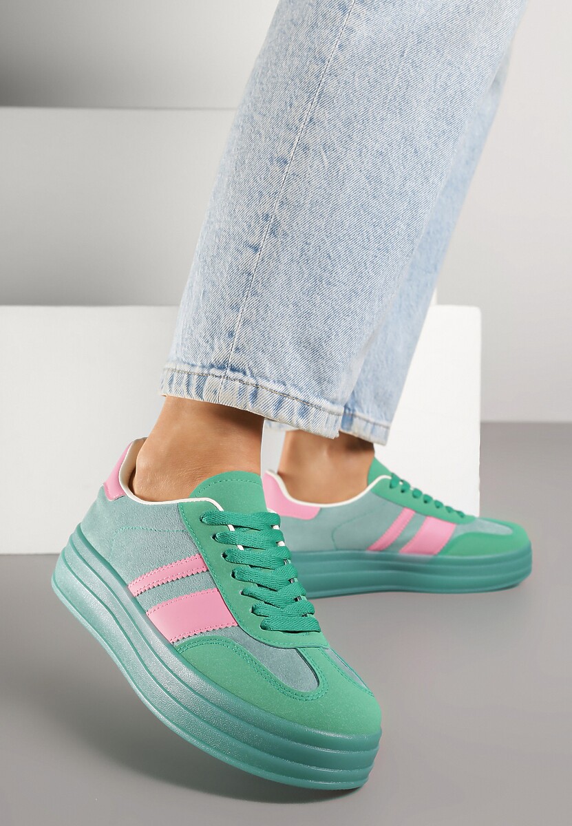 Zielono-Różowe Sneakersy w Stylu Tenisówek z Geometrycznym Wzorem Melundea