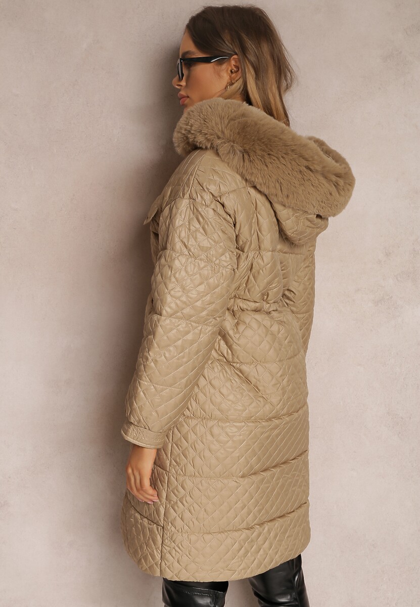 Beżowa Kurtka Pikowana z Kapturem z Futerkiem Vilei