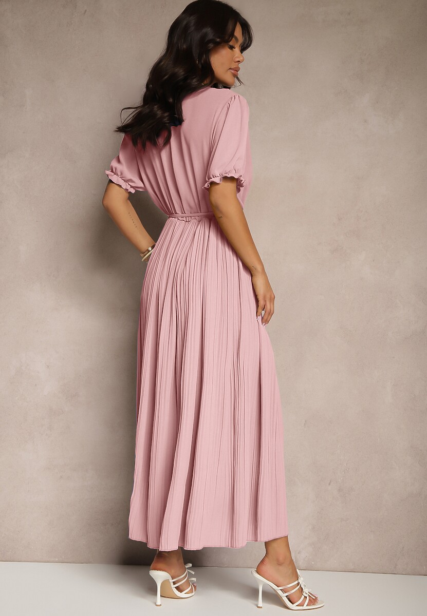 Różowa Sukienka z Bawełną Ozdobiona Kopertowym Dekoltem i Paskiem Grellevia