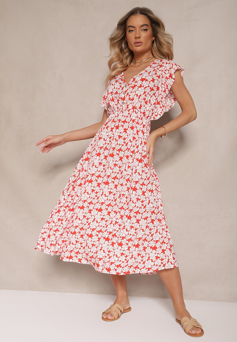 Czerwona Rozkloszowana Sukienka z Bawełny w Kwiatowy Wzór z Gumką w Talii Alaniria