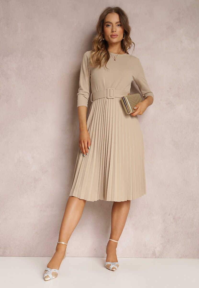 Beżowa Sukienka Plisowana z Paskiem Valfe