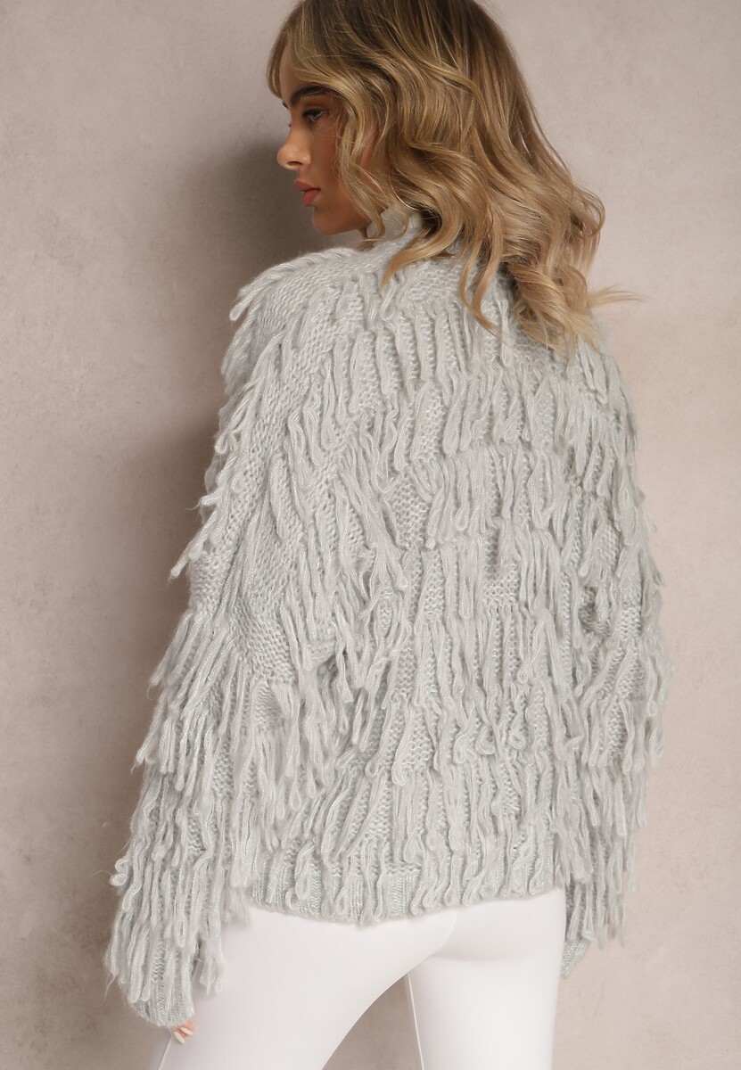 Szary Niezapinany Kardigan z Frędzlami Segentri