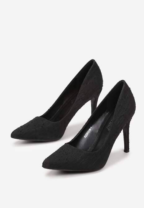 Czarne Szpilki z Brokatowym Połyskiem i Szpiczastym Noskiem Arephira