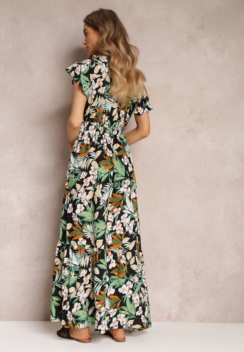 Czarno-Zielona Sukienka Rozkloszowana w Kwiaty z Gumką w Pasie Diggle