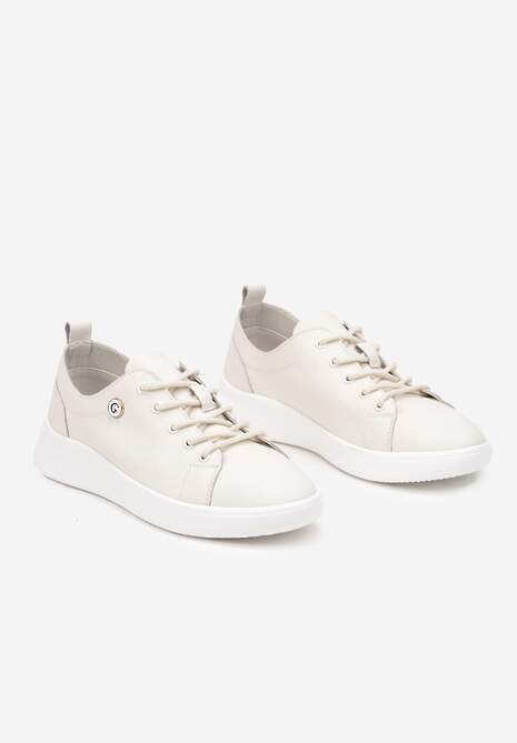 Beżowe Skórzane Sneakersy Zdobione Minimalistyczną Aplikacją Velotina