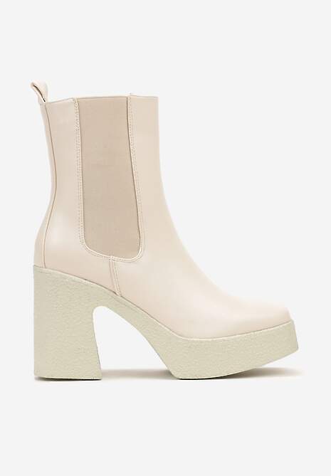 Beżowe Botki Sztyblety na Platformie i Obcasie Ozdobione Kwadratowym Noskiem Labirra