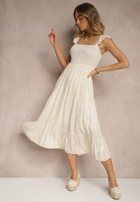 Beżowa Rozkloszowana Sukienka z Wiskozy z Metalicznymi Przeszyciami Iffaria