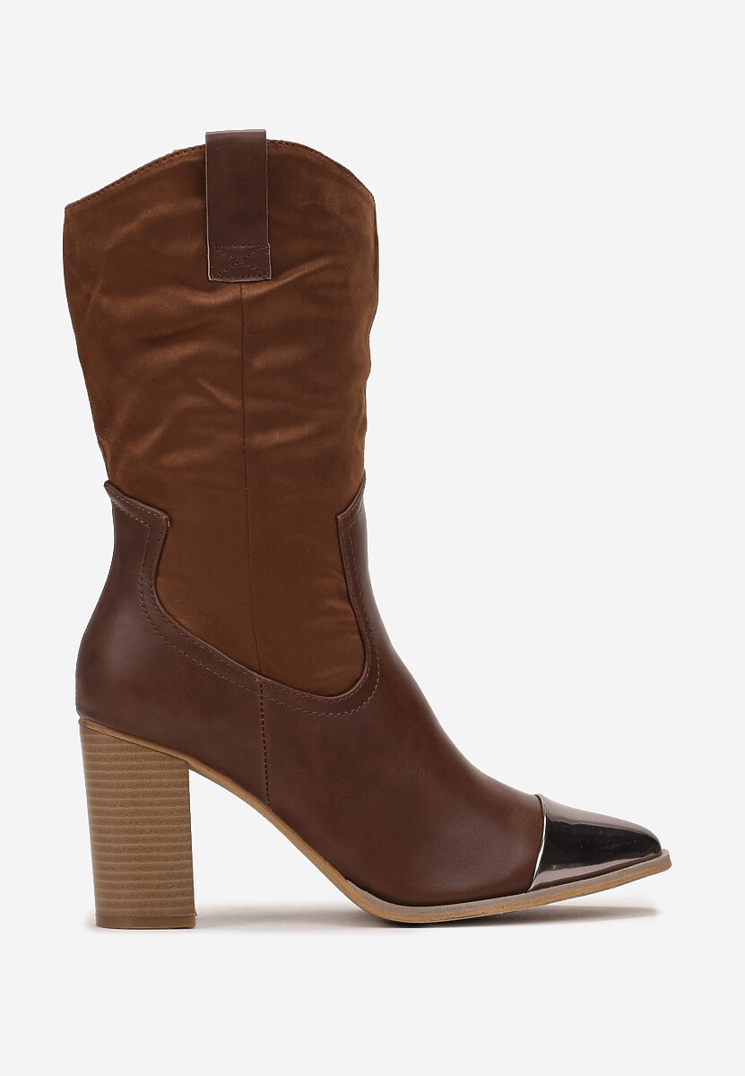 Brązowe Botki Kowbojki na Obcasie z Metalicznym Noskiem w Szpic Cascatha