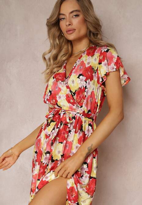 Czerwono-Żółta Rozkloszowana Sukienka z Kopertowym Dekoltem i Wiązanym Paskiem Kanges