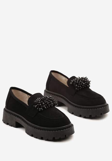 Czarne Mokasyny z Aplikacją z Biżuteryjnych Koralików Viatalia