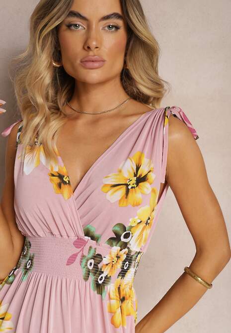 Różowa Sukienka z Wiązanymi Ramiączkami w Kwiatowy Print o Rozkloszowanym Fasonie Talloa