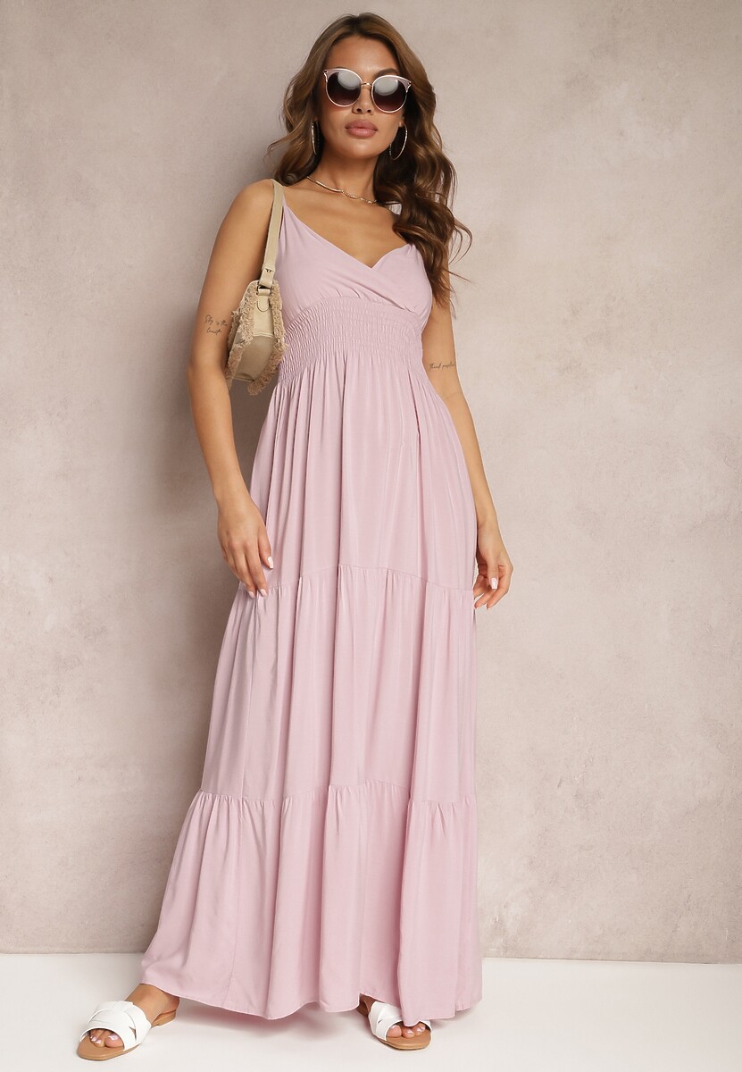 Różowa Sukienka Bawełniana Rozkloszowana Długa na Cienkich Ramiączkach z Regulacją Shalletia