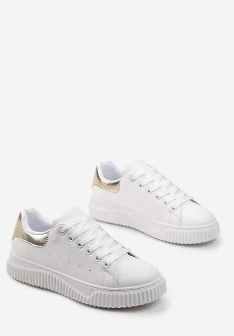 Biało-Złote Sznurowane Sneakersy z Metaliczną Wstawką i Żłobieniami Komparre