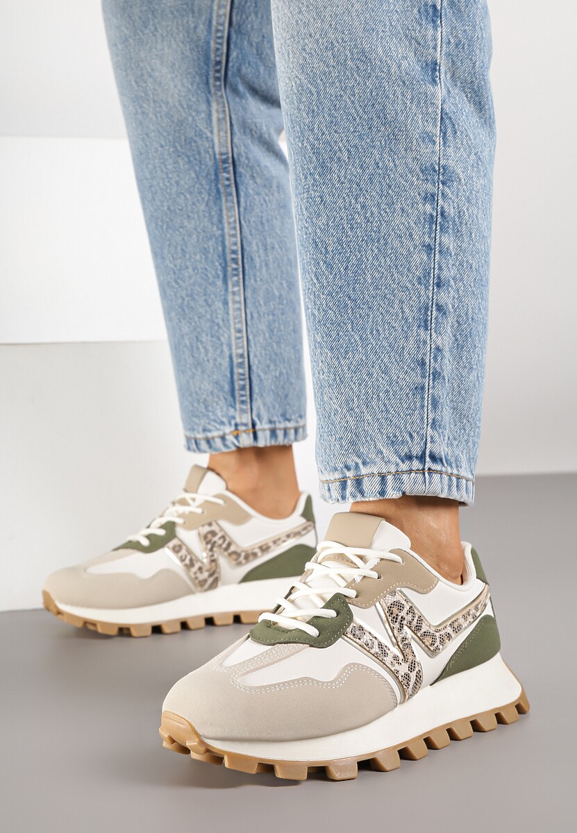 Beżowo-Zoelone Sneakersy Ozdobione Geometrycznym Motywem w Panterkę Annerie