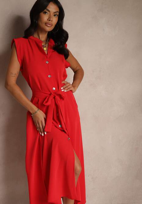 Czerwona Sukienka z Paskiem Koszulowa o Rozkloszowanym Fasonie Mavoselle