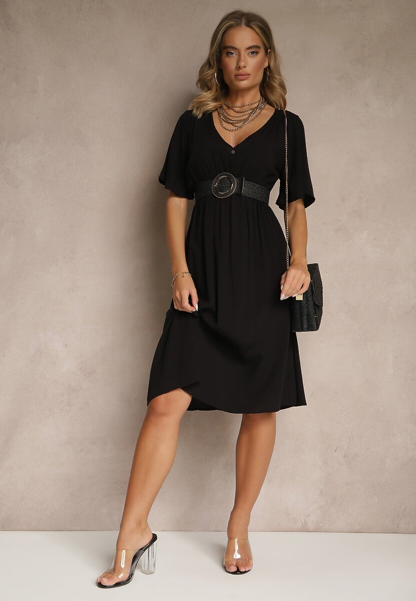 Czarna Rozkloszowana Sukienka z Bawełnianej Tkaniny Lirioneae