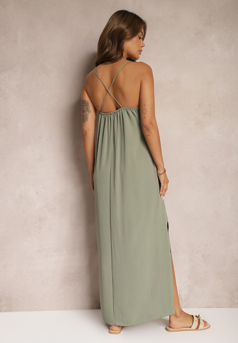 Zielona Sukienka na Ramiączkach o Taliowanym Kroju Rivatta