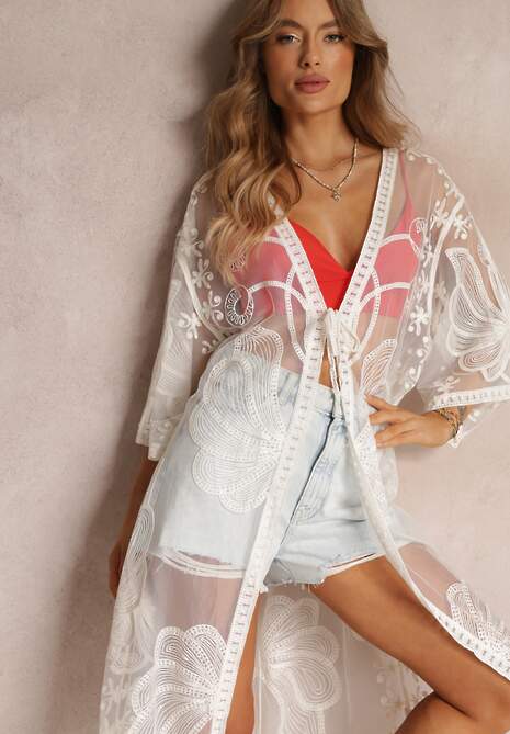 Jasnobeżowa Przezroczysta Narzutka z Haftem i Wiązaniem w Pasie Miri