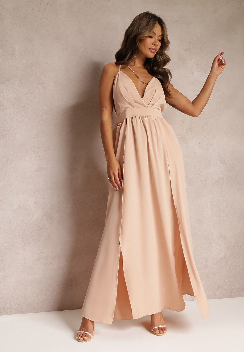 Beżowa Rozkloszowana Sukienka Maxi na Ramiączkach z Trójkątnym Dekoltem Claudi