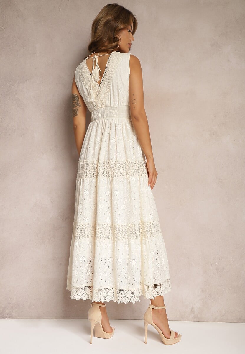 Beżowa Kopertowa Sukienka Maxi z Wiązaniem na Plecach z Koronkowej Tkaniny Sonaia