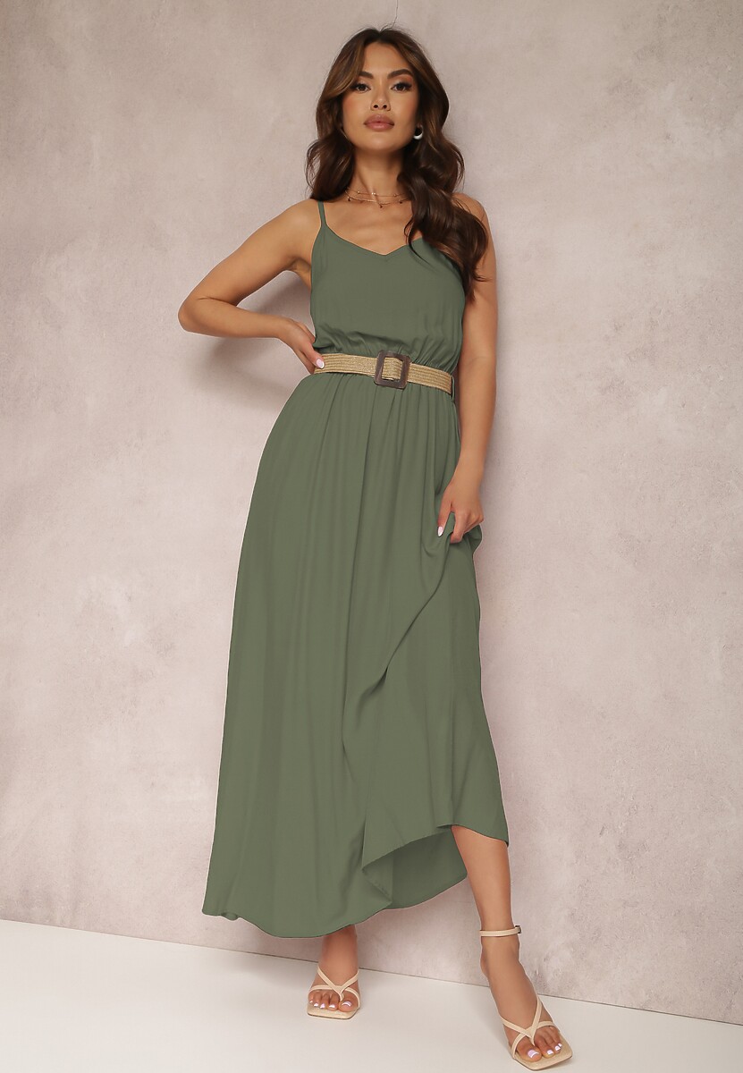 Beżowa Sukienka z Paskiem Auxonia