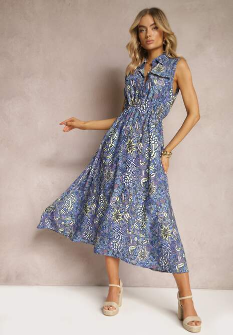 Niebieska Kwiecista Sukienka o Rozkloszowanym Kroju Tirana