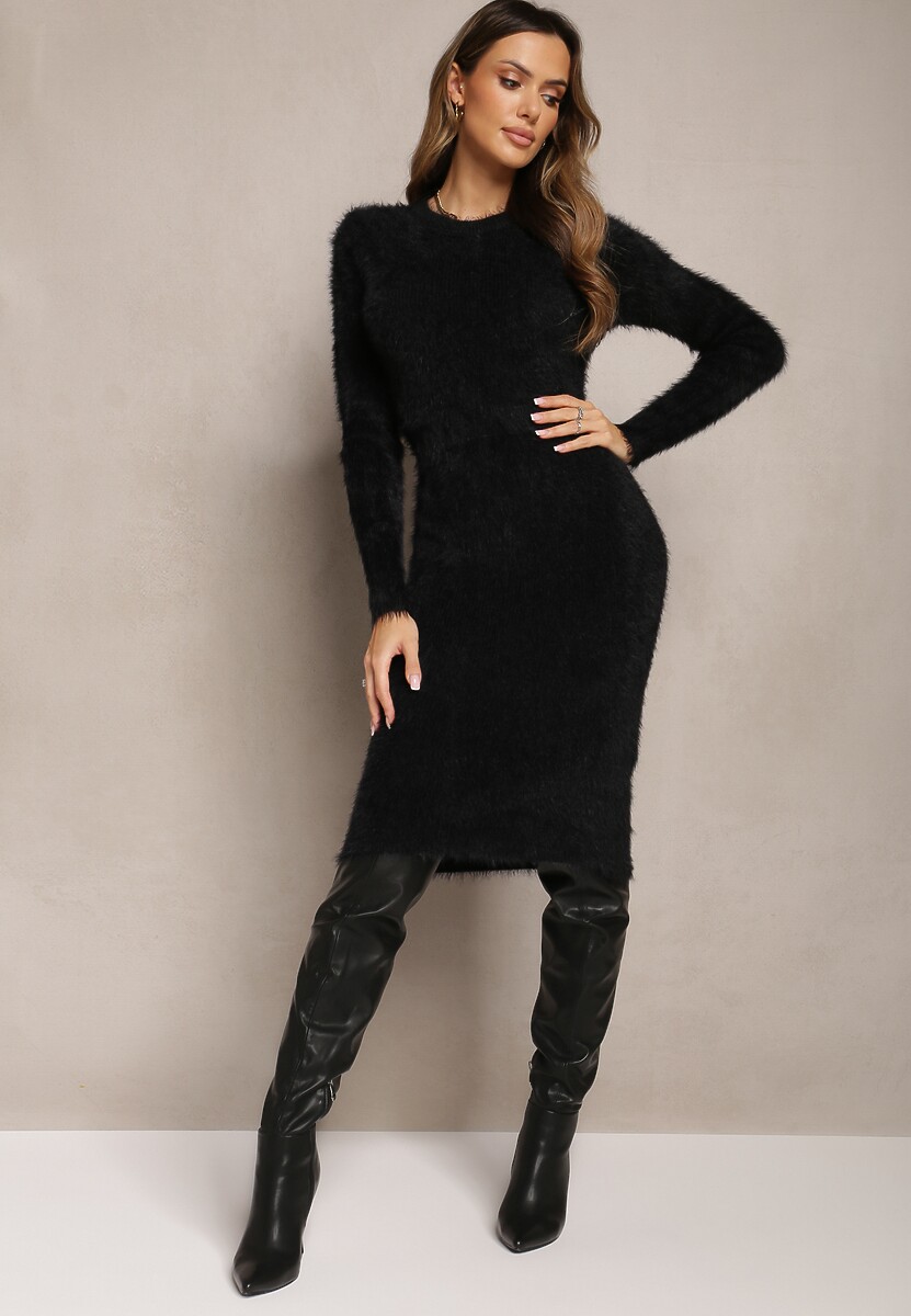 Czarna Sweterkowa Sukienka Midi Puchowa Dzianina z Wełną Breixate