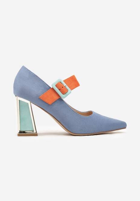 Niebieskie Czółenka na Słupku z Metalicznymi Wstawkami i Paskiem Enavina