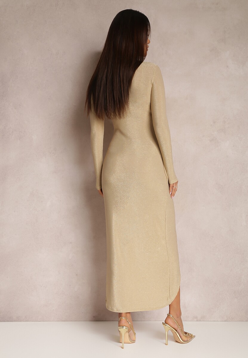 Beżowa Sukienka Kopertowa Dopasowana Anelile