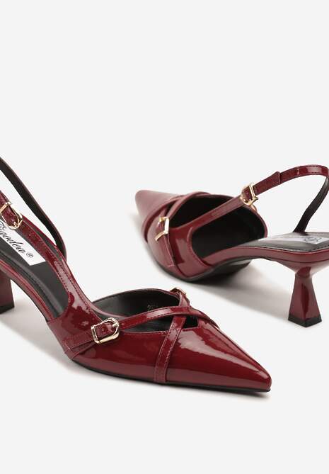 Bordowo-Czerwone Sandały Slingback na Kaczuszce ze Szpiczastym Noskiem ze Sprzączkami Deyline