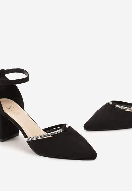 Czarne Czółenka z Imitacji Zamszu na Słupku z Błyszczącym Zdobieniem Vilename