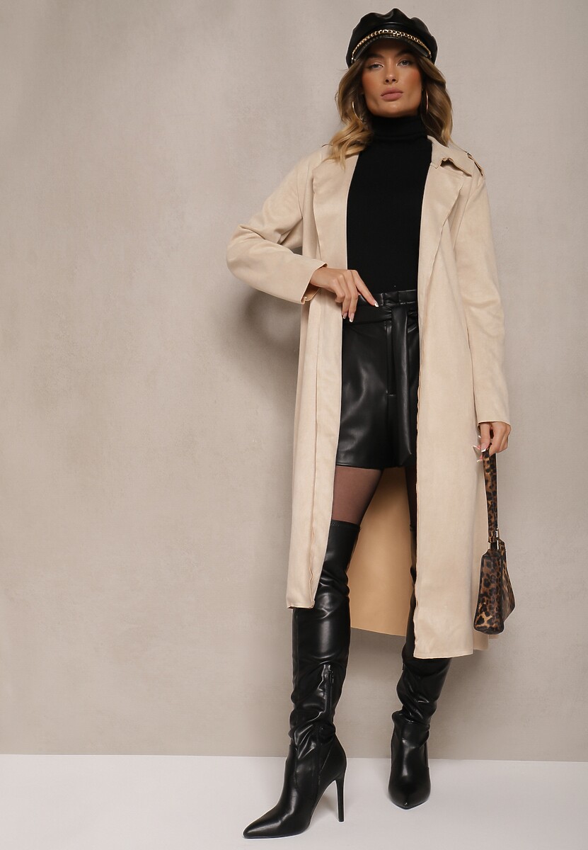 Jasnobeżowy Casualowy Wiązany Płaszcz z Kieszeniami Haliasem