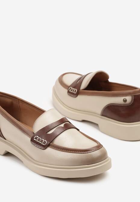 Beżowe Mokasyny ze Skóry Naturalnej Ozdobione Paskiem Halathiel