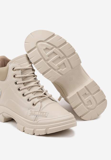 Beżowe Traperki na Grubej Podeszwie ze Żłobieniami Ocieplane Futrem Leannara