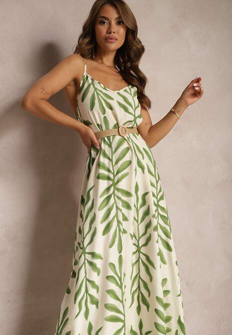 Beżowo-Zielona Wiskozowa Sukienka o Rozkloszowanym Kroju na Regulowanych Cienkich Ramiączkach Dimrrina
