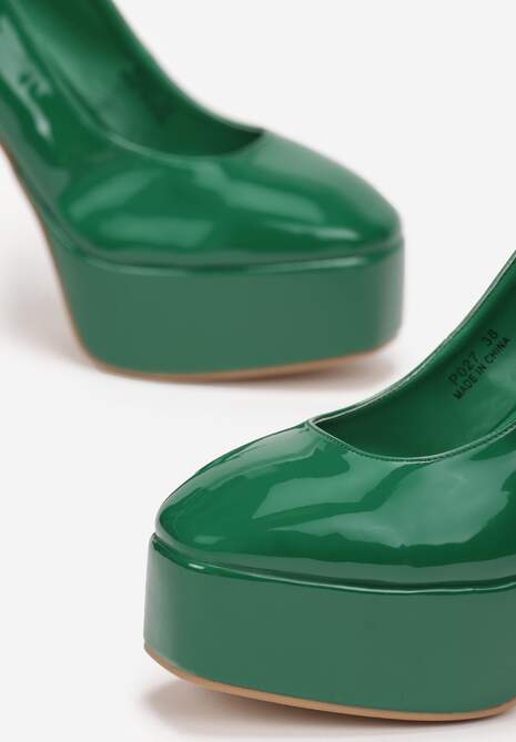Zielone Czółenka na Platformie i Słupku ze Sprzączką i Lakierowanym Wykończeniu Ysabel