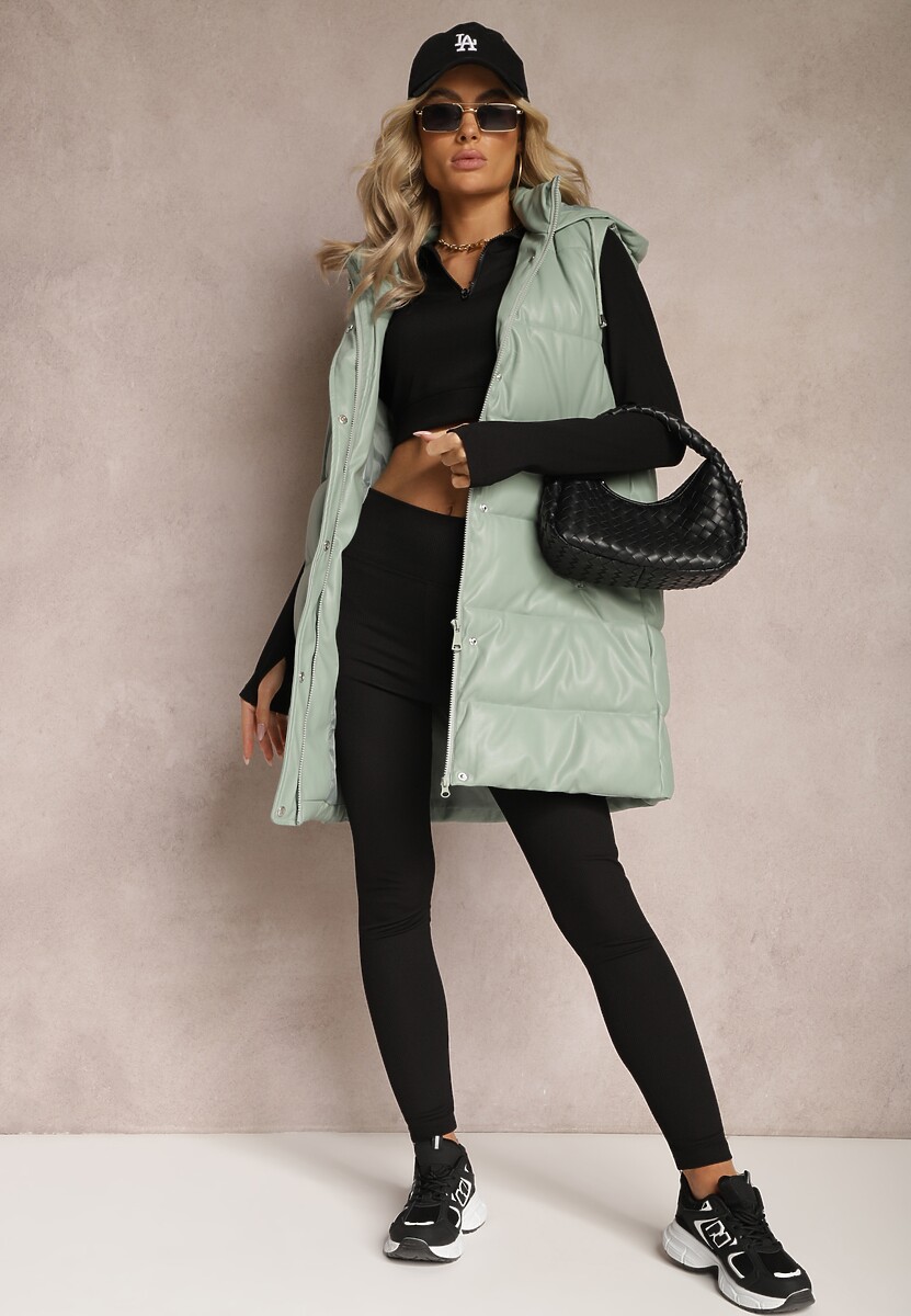 Zielona Pikowana Kamizelka z Ekoskóry i Kapturem Palermia