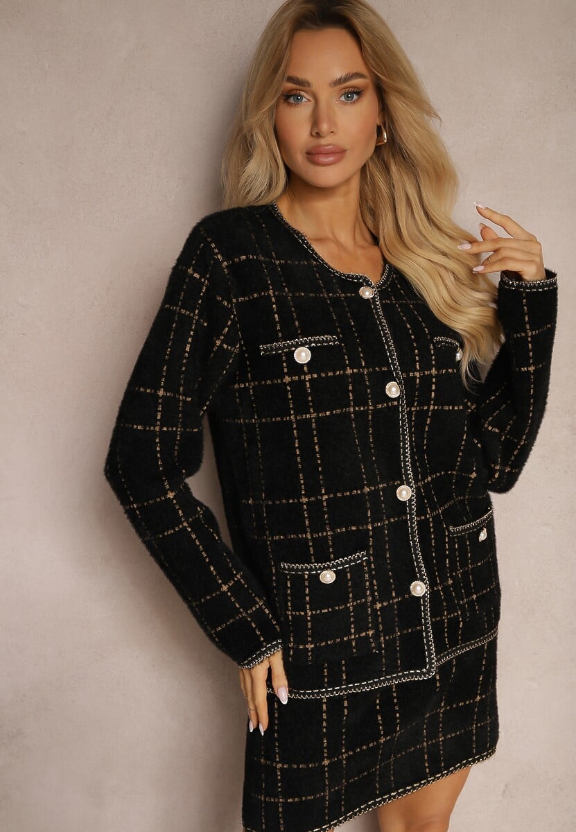 Czarno-Złoty Dzianinowy Elegancki Komplet z Kardiganem i Spódnicą w Kratkę Railey