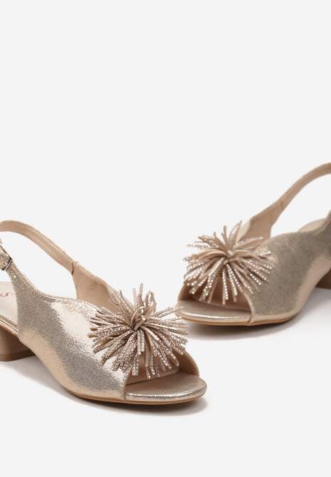 Szampańskie Sandały Vices na Słupku ze Skórzaną Wkładką z Pomponem i Cyrkoniami Tiraga