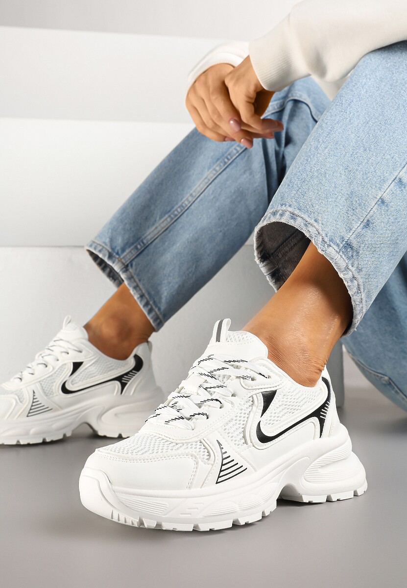 Biało-Srebrne Sneakersy na Profilowanej Podeszwie z Siateczkowymi Wstawkami Parinella