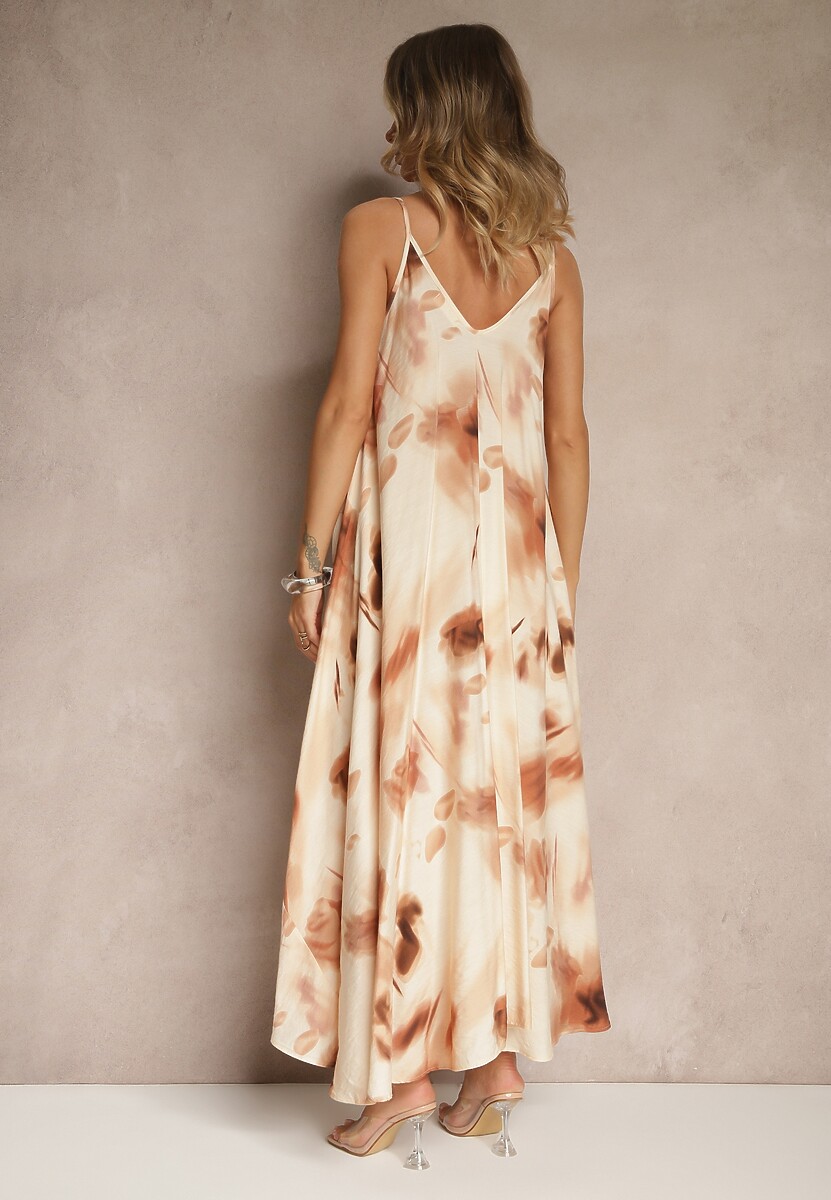 Beżowa Sukienka z Wiskozy Ozdobiona Abstrakcyjnym Wzorem Nilluna