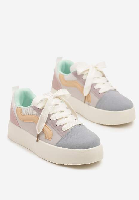 Niebiesko-Beżowe Sneakersy na Platformie z Geometrycznym Wzorem Kornelna