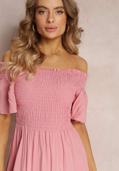 Różowa Sukienka Hiszpanka Mini z Wiskozy Folna