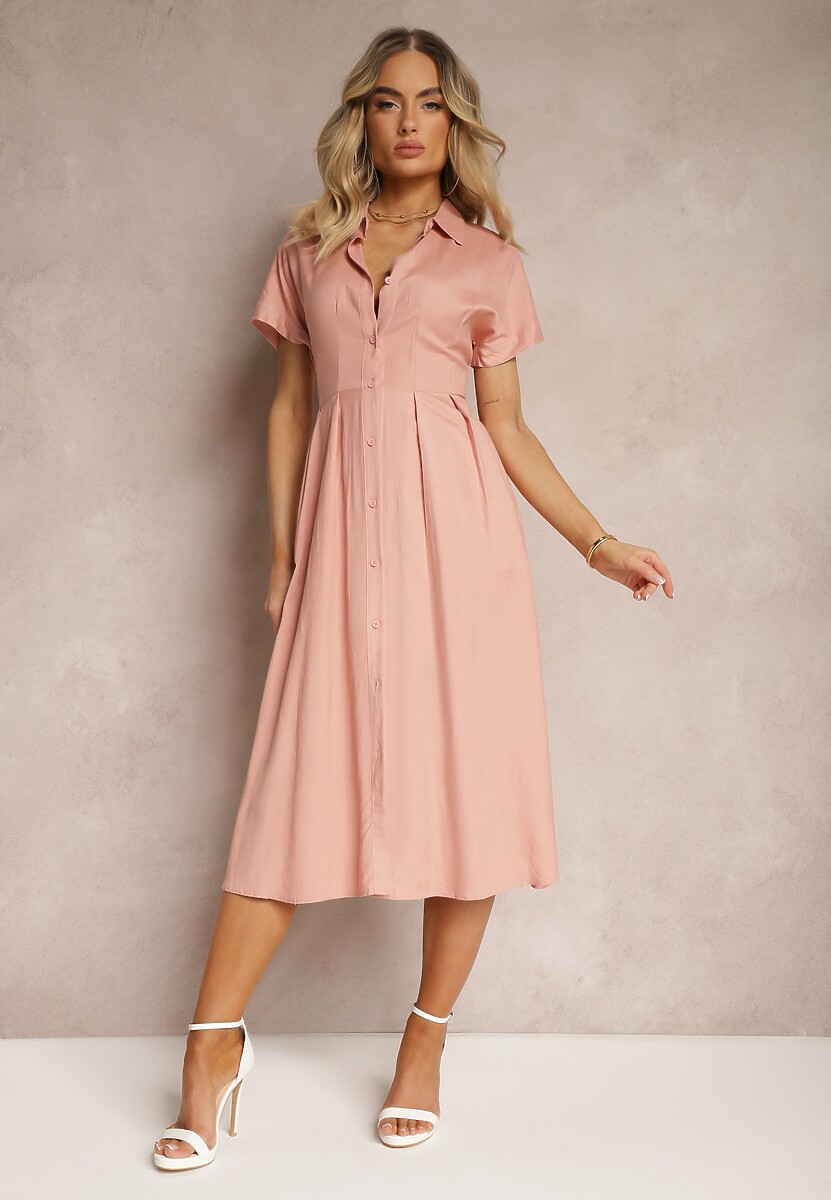 Ciemnoróżowa Sukienka Koszulowa z Lnem i Wiskozą Jucilla