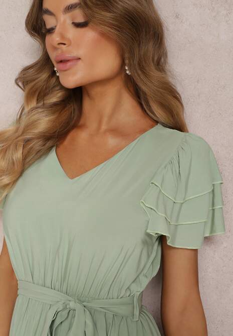 Jasnozielona Wiskozowa Sukienka Midi z Gumką w Talii i Falbankami Nenora