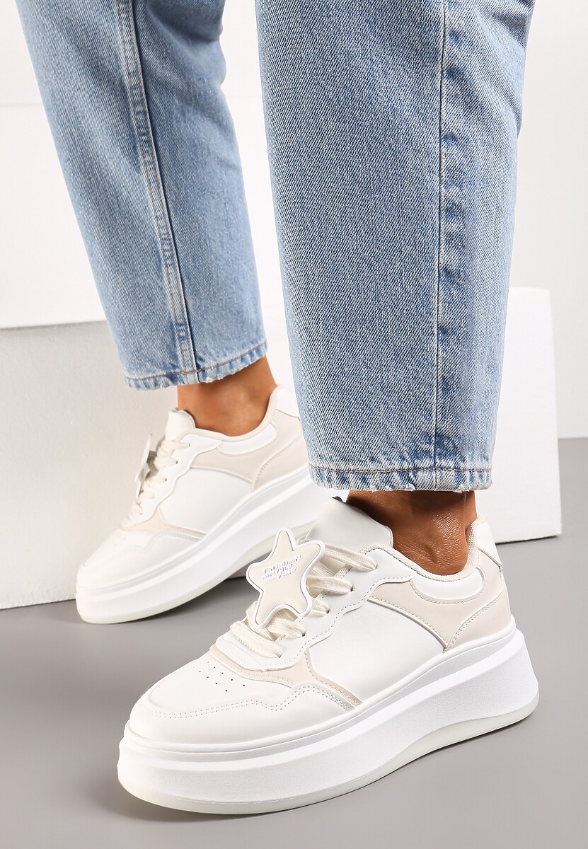 Biało-Beżowe Sneakersy na Platformie z Odpinaną Gwiazdką Ekaria