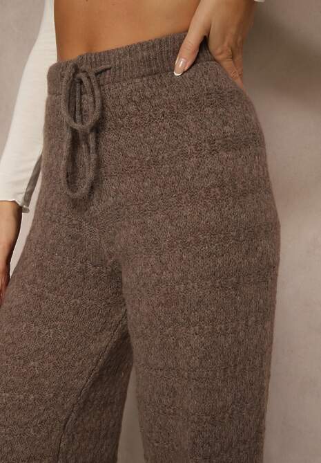 Brązowe Spodnie Wide Leg z Dzianiny z Dodatkiem Wełny i Wiskozy Tiesania