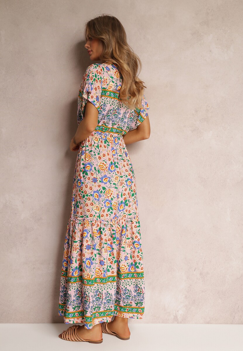 Różowo-Niebieska Sukienka Maxi ze Sznurkiem w Talii i Koronkową Wstawką przy Dekolcie Mererid